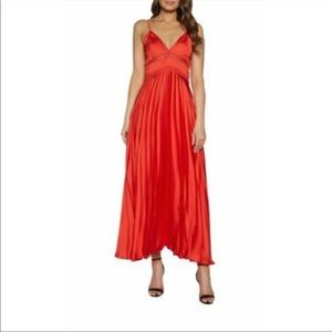 BARDOT Mary Dress Red Satin Pleated Long Strappy Maxi Cocktail